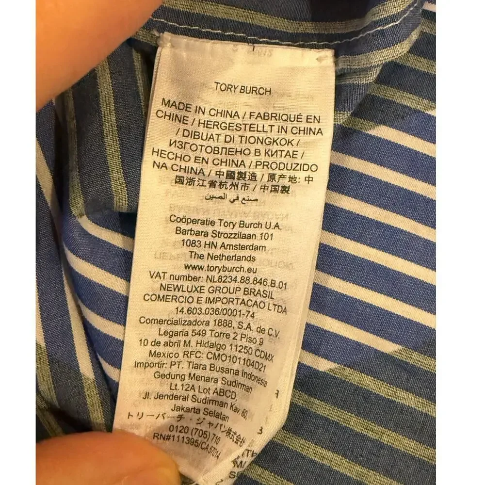 TORY BURCH Overprinted Tie-Front Top in Diagonal Stripe size 10 Blue Green